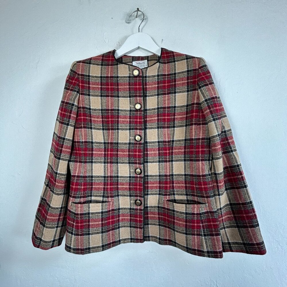 Talbots Womens Red Plaid Wool Blend Blazer Jacket Size 10P Button Front Classic